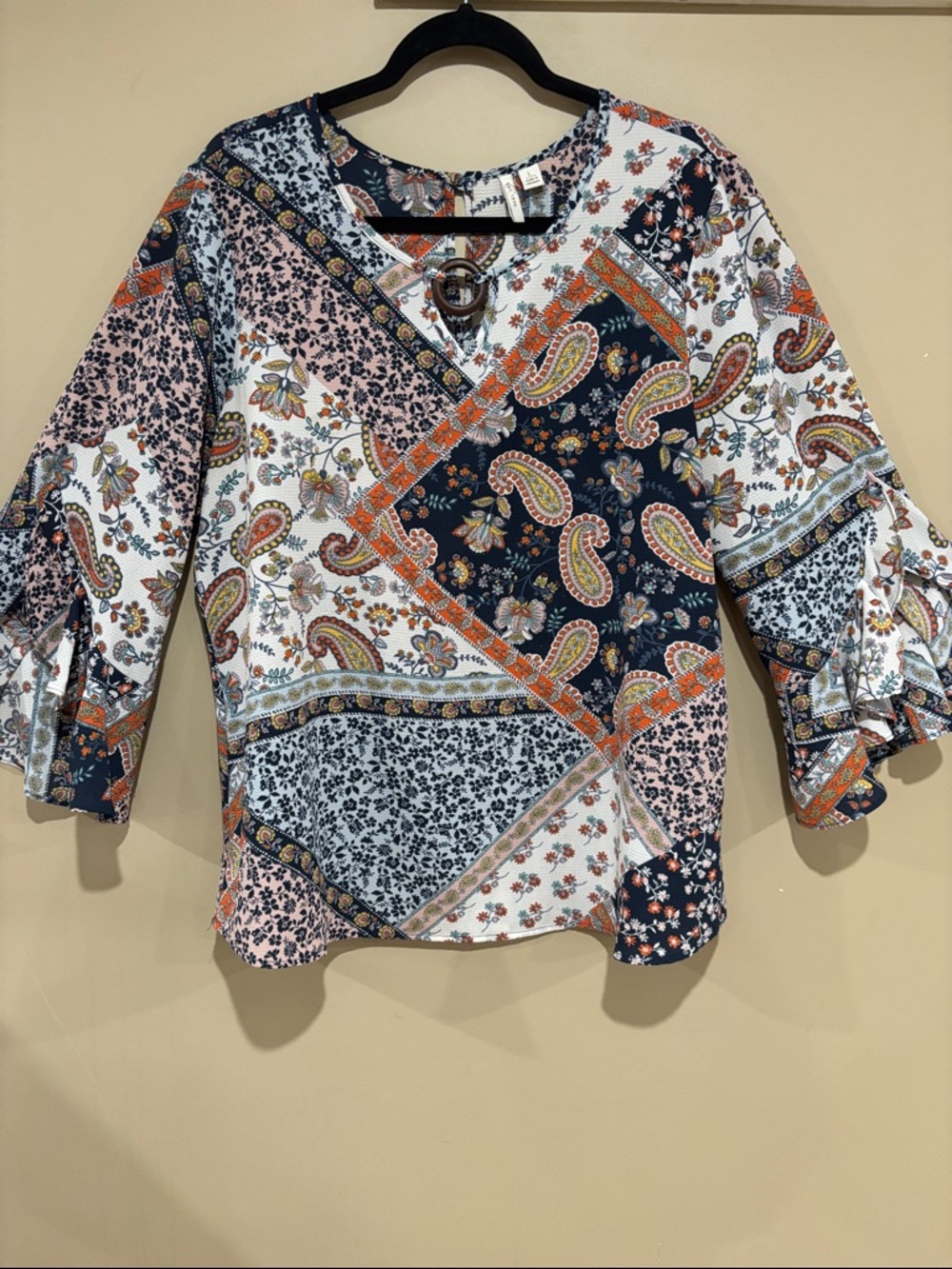 Boho patchwork bell sleeve top